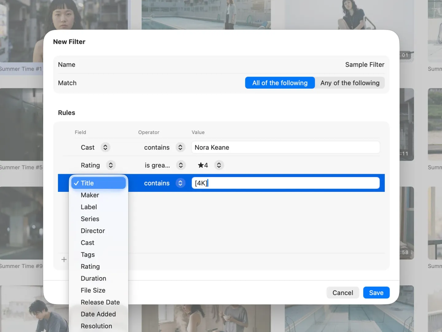 A New Filter dialog with rows for cast, rating and title, and an open menu of fields to match on.