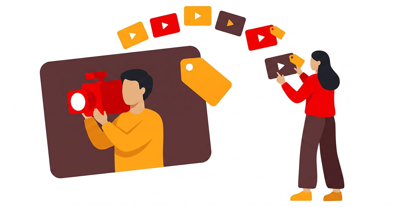 カメラで撮影する人が映った大きなカードと、同じタグの付いた動画を集めている人のイラスト