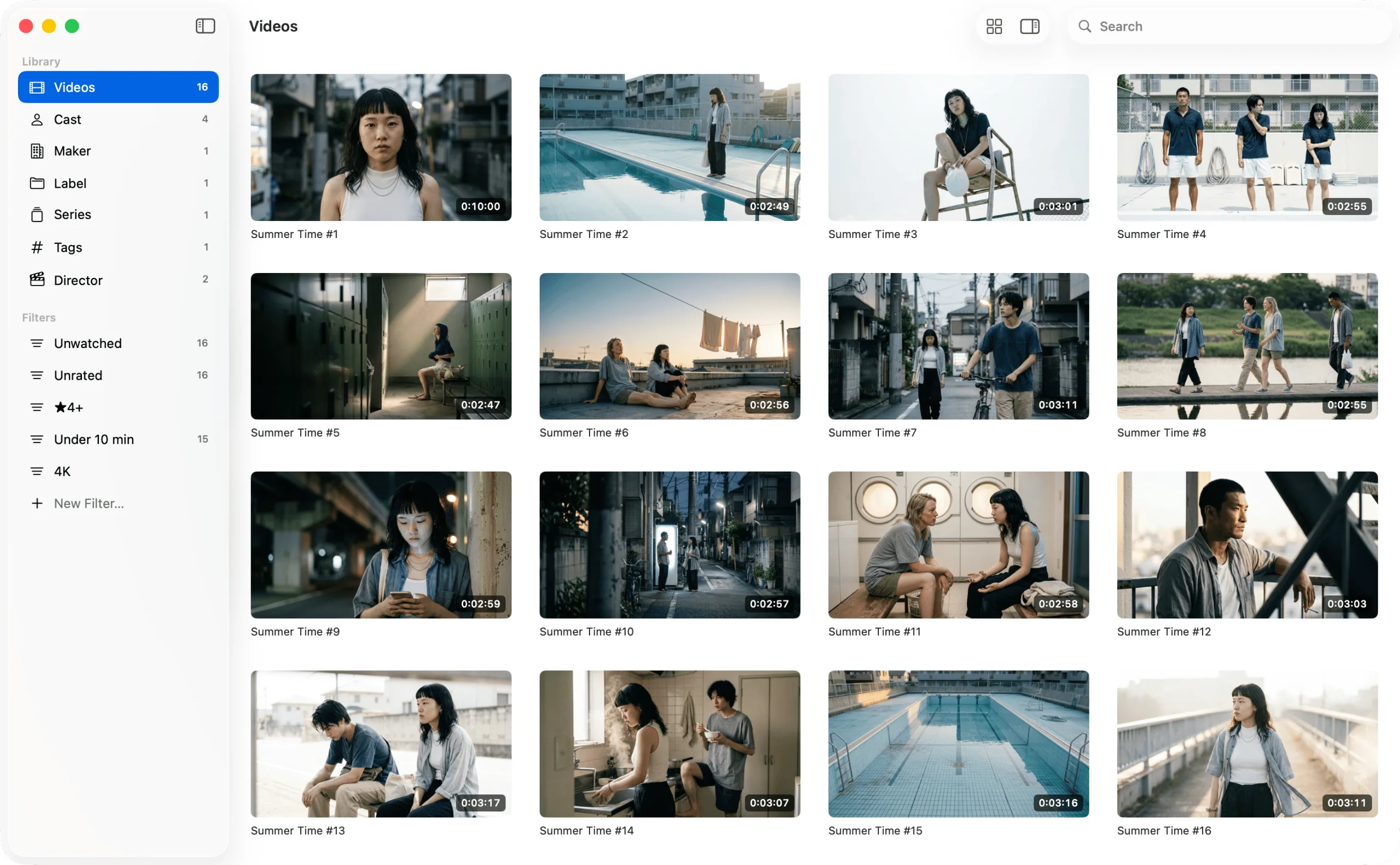 The main GRFR window. A sidebar on the left lists cast, maker, label and saved filters, and a grid of video thumbnails fills the right.