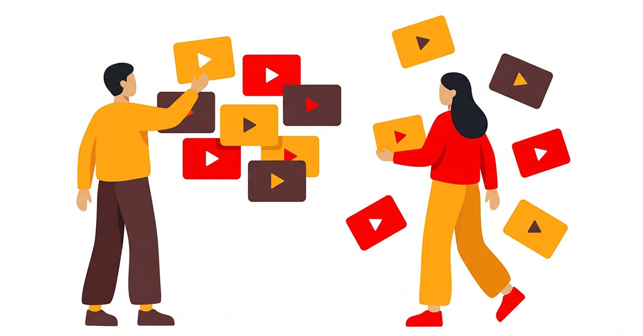 散らばった動画のカードを、2人が1か所に集めているイラスト